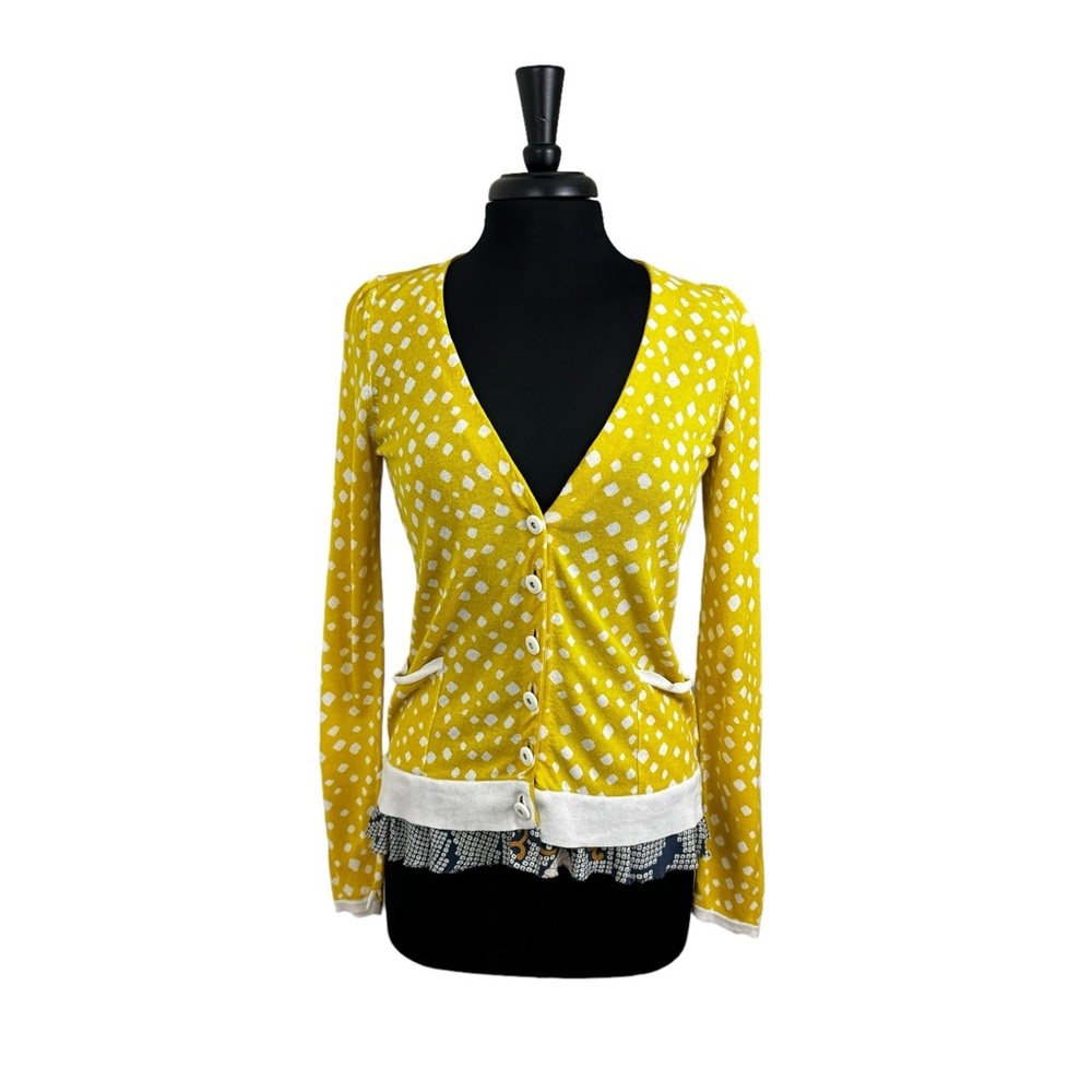 Leifsdottir Anthropologie Cardigan Yellow Ruffle Detail Preppy Dot Y2K